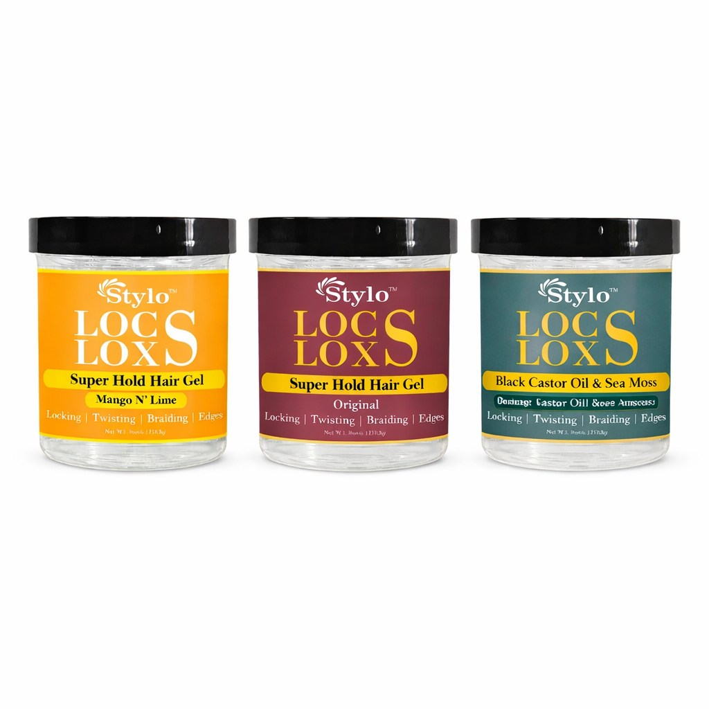 Stylo Locs Lox Super Hold Hair Gel collection showing Mango N’ Lime, Original, and Black Castor Oil and Sea Moss variants on white background