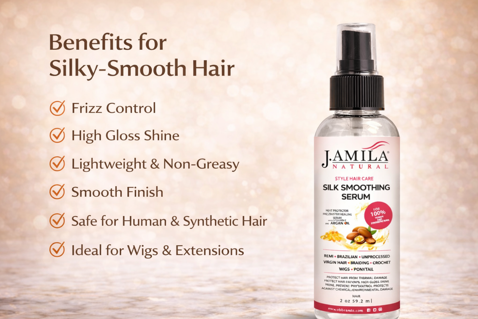 J. Amila Natural Silk Smoothing Serum with Argan Oil – Heat Protectant, Frizz Control &amp; High Gloss Shine for Natural Hair, Wigs &amp; Extensions (2 oz / 59.2 ml)