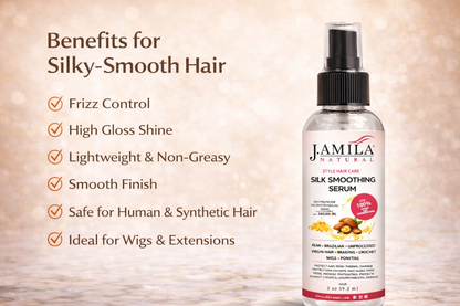 J. Amila Natural Silk Smoothing Serum with Argan Oil – Heat Protectant, Frizz Control &amp; High Gloss Shine for Natural Hair, Wigs &amp; Extensions (2 oz / 59.2 ml)