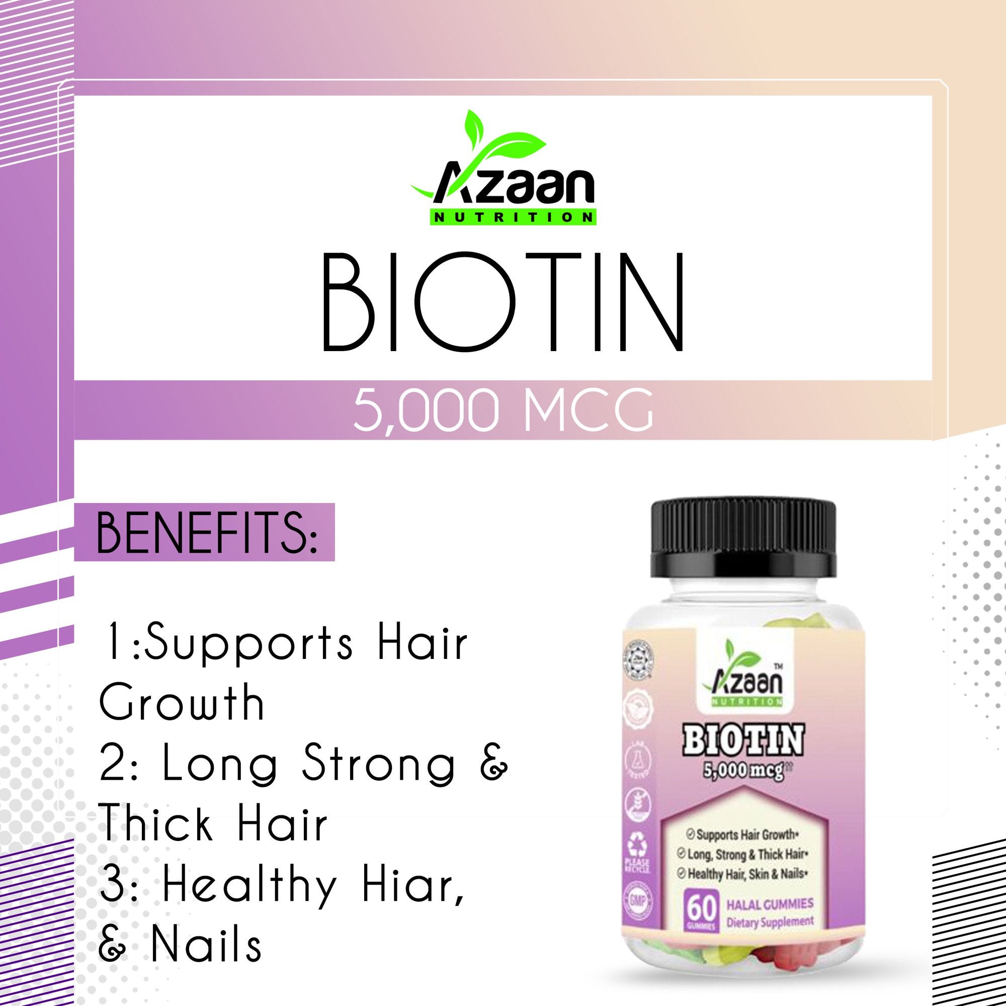 Azaan Biotin Gummies Beauty Solution for Hair, Skin &amp; Nails, Vegan, Non-GMO &amp; Delicious!