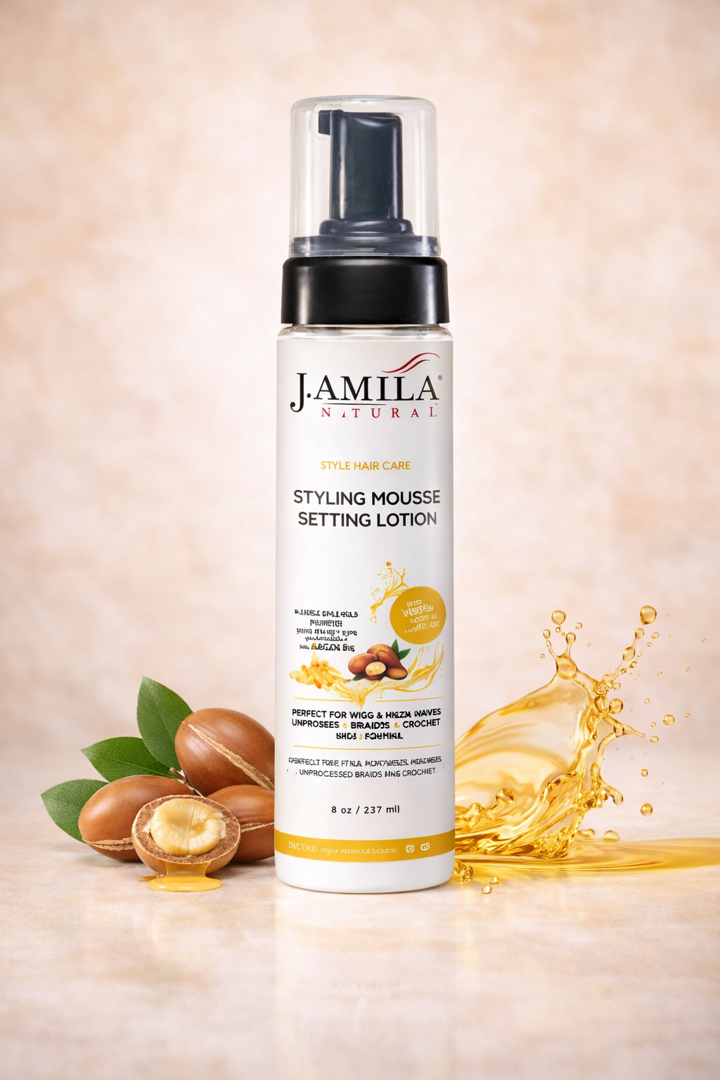 Amila Natural Styling Mousse Setting Lotion with Argan Oil – Flexible Hold, Frizz Control &amp; Shine – For Wigs, Weaves &amp; Natural Hair (8oz)