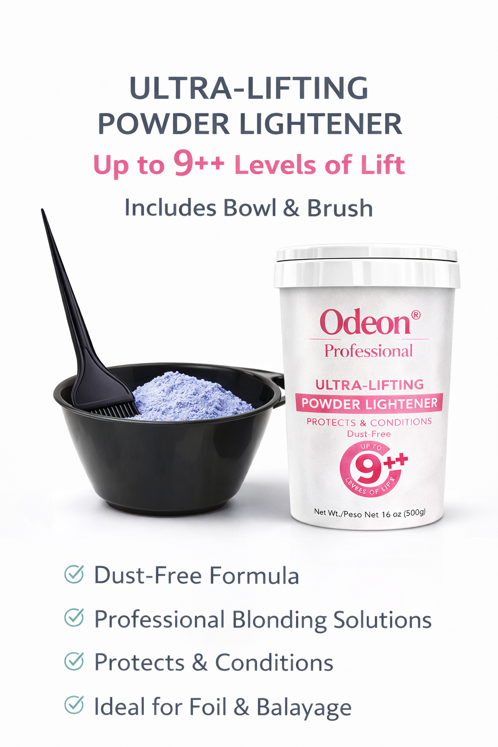 Odeon® Professional Ultra-Lifting Powder Lightener – Up to 9++ Levels 16oz Includes Mixing Bowl &amp; Dye Brush