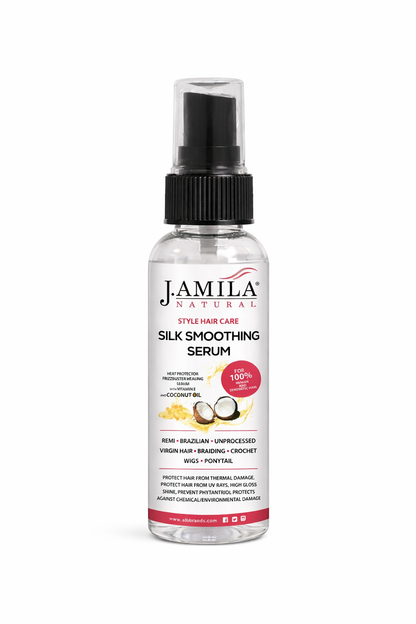 J. Amila Natural Silk Smoothing Serum with cocnut Oil – Heat Protectant, Frizz Control &amp; High Gloss Shine for Natural Hair, Wigs &amp; Extensions (2 oz / 59.2 ml)