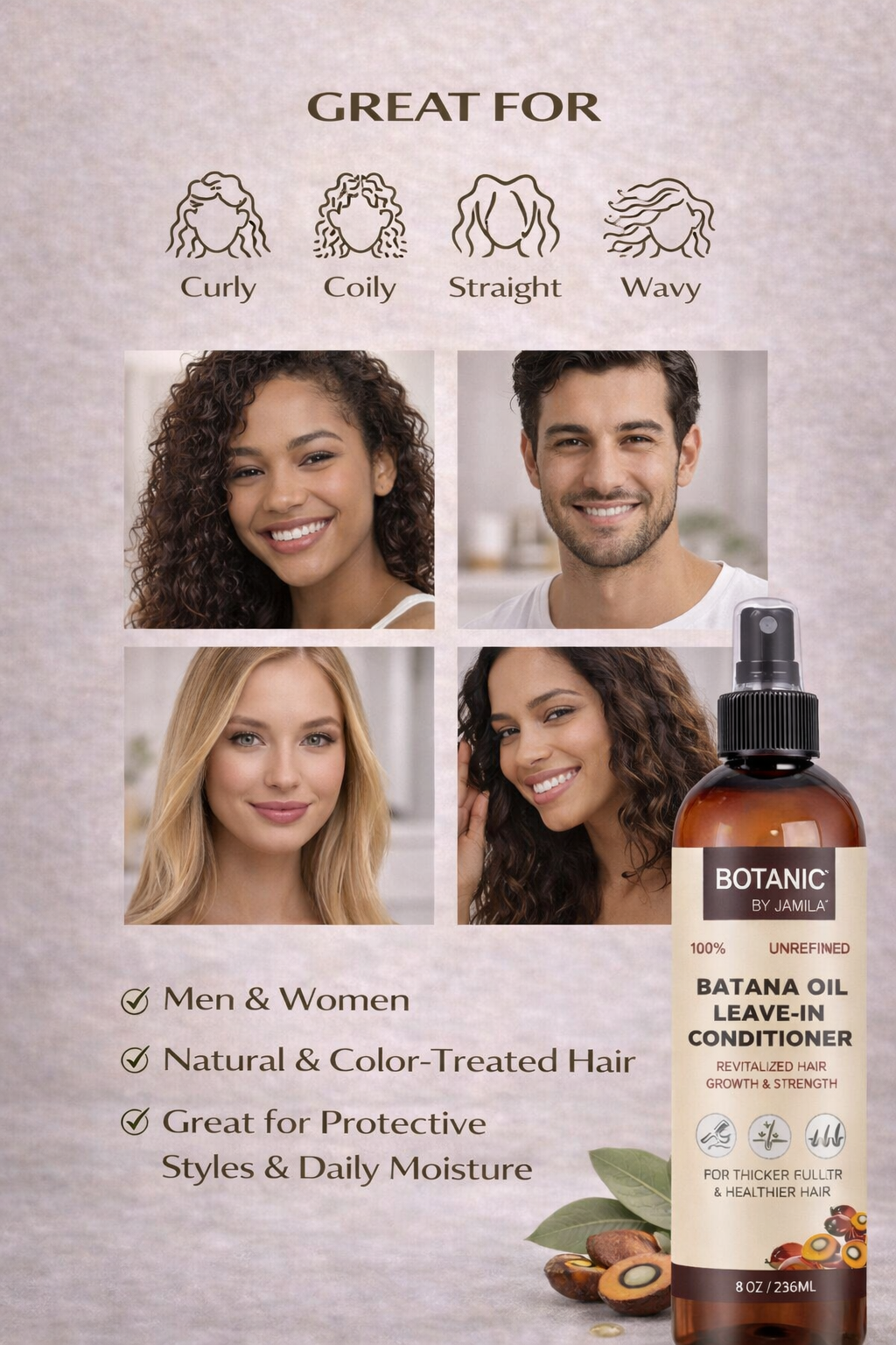 Botanic by J.Amila 100% Unrefined Batana Oil Leave-In Conditioner – Lightweight Moisture &amp; Strength Spray 8 oz