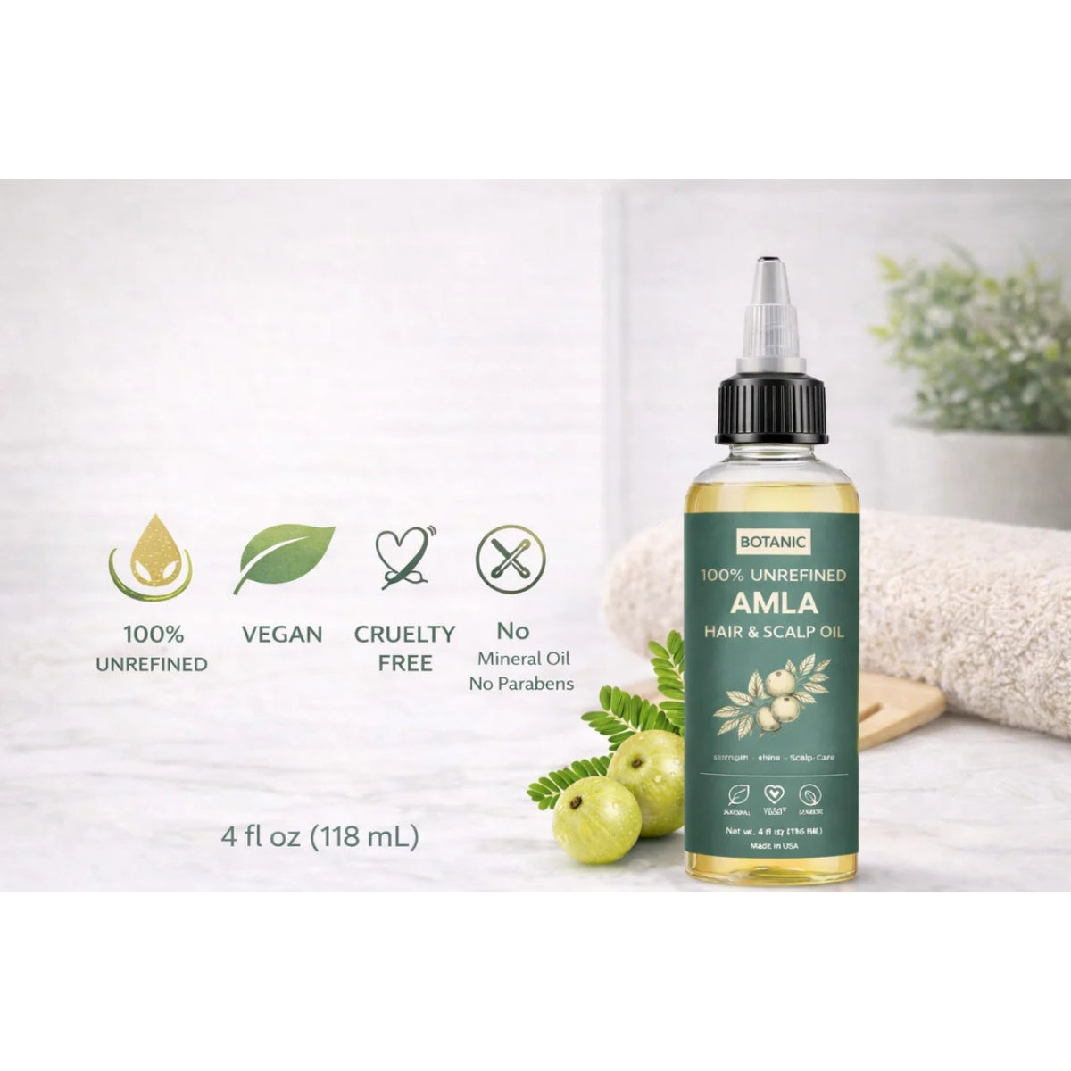 100% Unrefined Amla Hair &amp; Scalp Oil – Natural Growth, Shine &amp; Strength | Vegan, Cruelty-Free 4 fl oz (118 mL)
