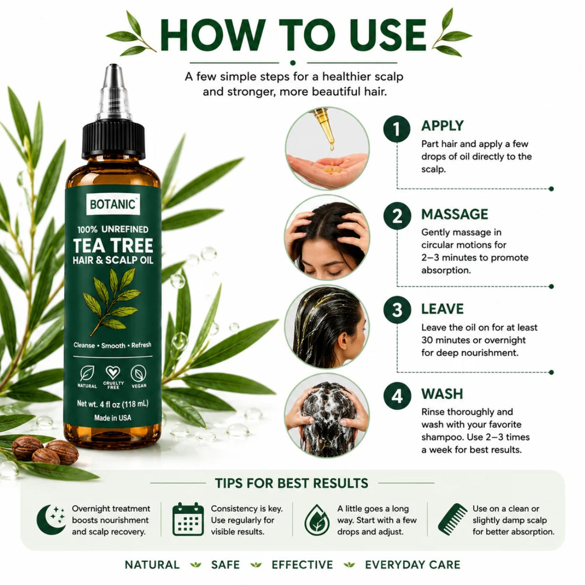 BOTANIC 100% Unrefined Tea Tree Hair &amp; Scalp Oil – Scalp Cleansing &amp; Refreshing Hair Treatment – 4 fl oz (118 mL)