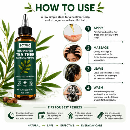 BOTANIC 100% Unrefined Tea Tree Hair &amp; Scalp Oil – Scalp Cleansing &amp; Refreshing Hair Treatment – 4 fl oz (118 mL)