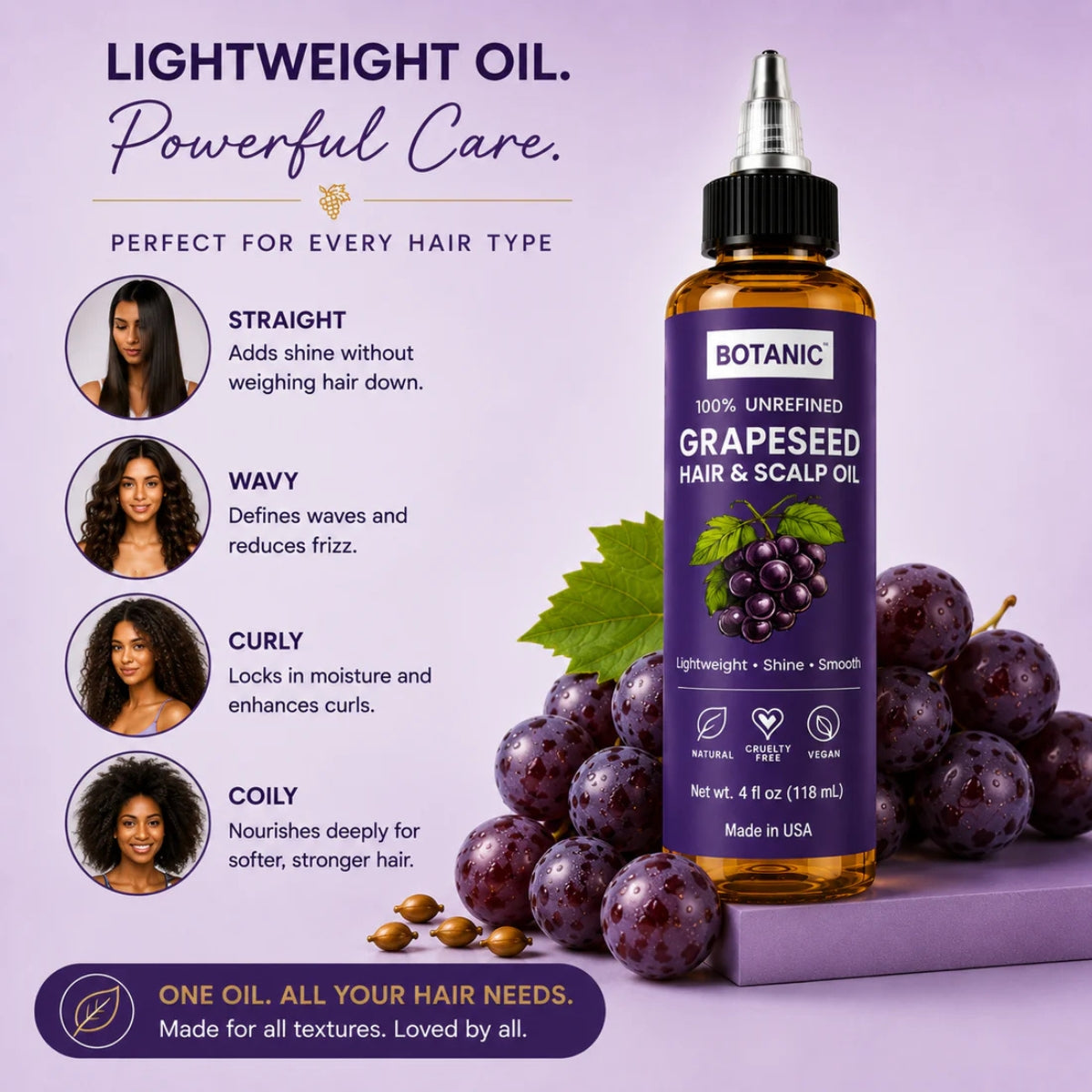 BOTANIC 100% Unrefined Grapeseed Hair &amp; Scalp Oil – Lightweight Shine &amp; Smooth Hair Oil – 4 fl oz (118 mL)