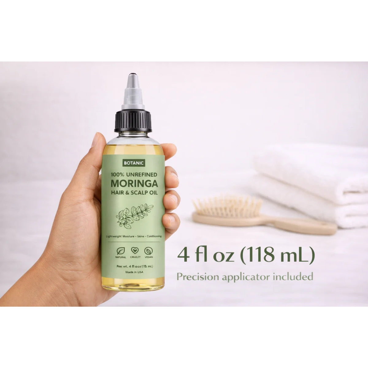 100% Unrefined Moringa Hair &amp; Scalp Oil Lightweight Moisture, Shine &amp; Conditioning | Vegan, Cruelty-Free 4 fl oz (118 mL)