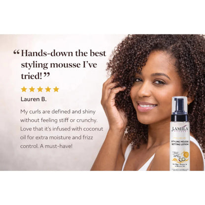 J. Amila Natural Styling Mousse Setting Lotion with Coconut Oil – Flexible Hold, Frizz Control &amp; Shine – For Wigs, Weaves &amp; Natural Hair (8oz)