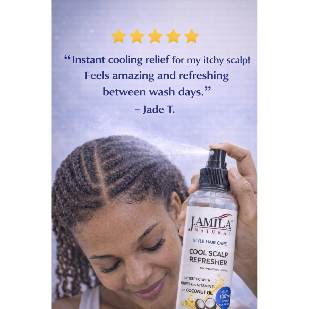 J. AMILA Natural Cool Scalp Refresher with Menthol, Myrrh, Vitamin E &amp; Coconut Oil – Cooling Scalp Spray for Braids, Wigs, Natural &amp; Synthetic Hair (8 oz)