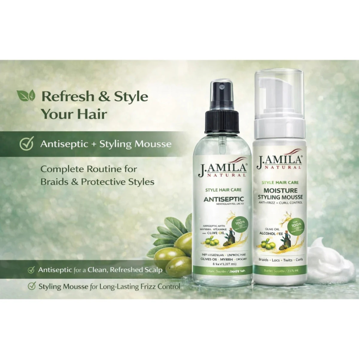 J. Amila Natural Antiseptic Spray with Olive Oil – Mentholated Scalp Relief, Itch Control &amp; Scalp Detox for Wigs, Braids &amp; Natural Hair (8 oz / 237 ml)