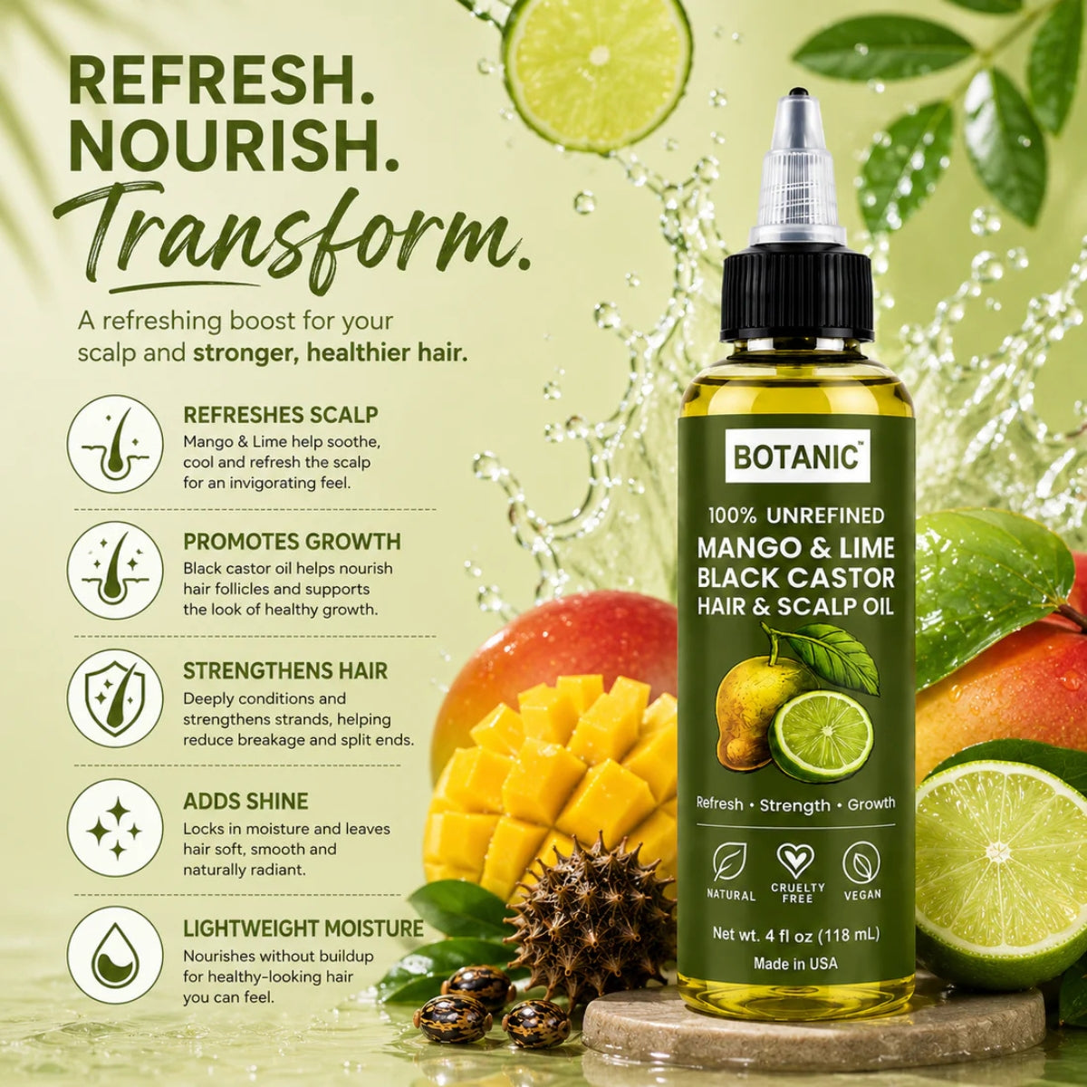 BOTANIC Mango &amp; Lime Black Castor Hair &amp; Scalp Oil – Refreshing Hair Growth Oil – 4 fl oz (118 mL)