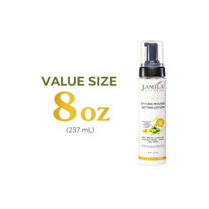 J. Amila Natural Styling Mousse Setting Lotion with Olive Oil – Flexible Hold, Frizz Control &amp; Shine – For Wigs, Weaves &amp; Natural Hair (8 oz / 237 ml)