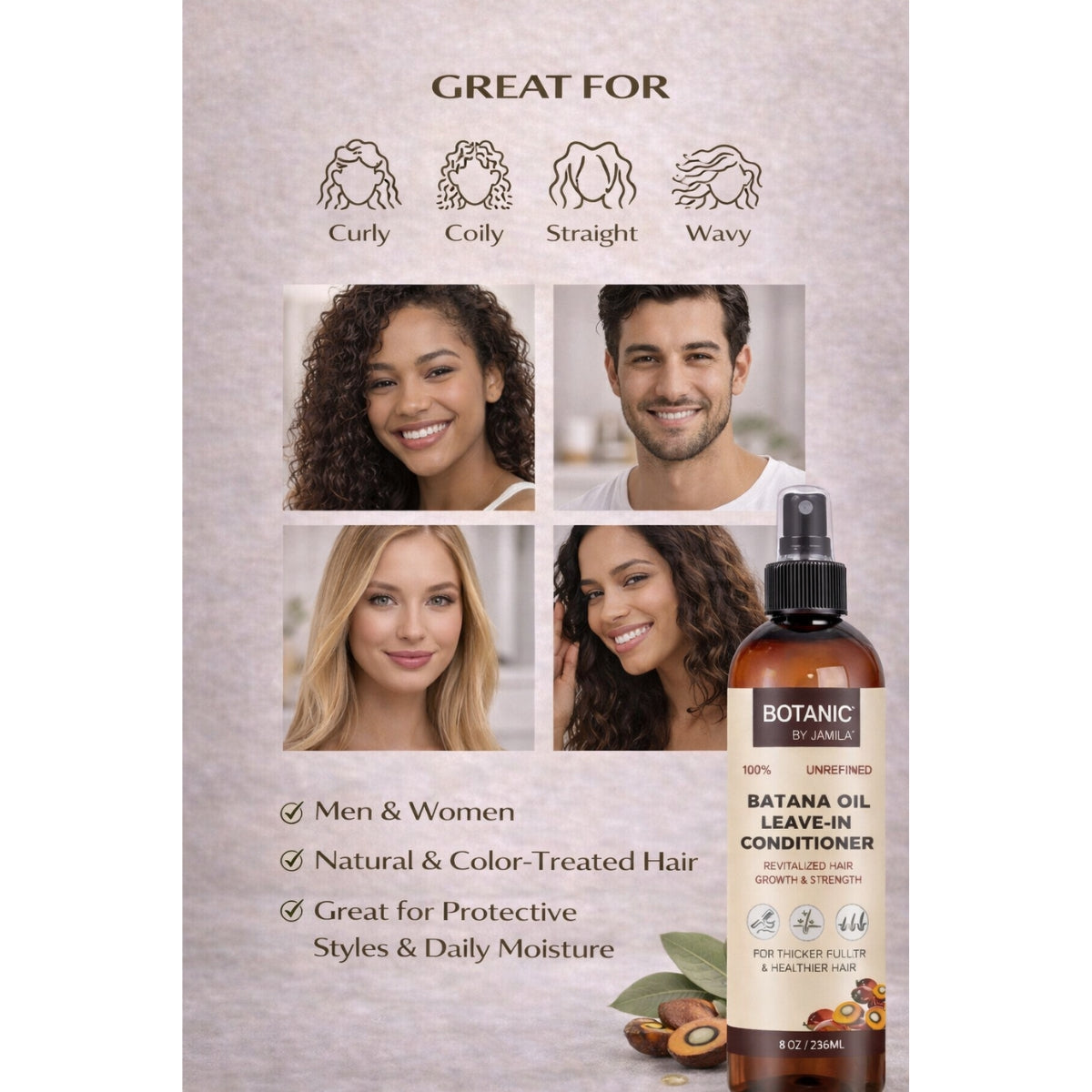 Botanic 100% Unrefined Batana Oil Leave-In Conditioner – Lightweight Moisture &amp; Strength Spray 8 oz