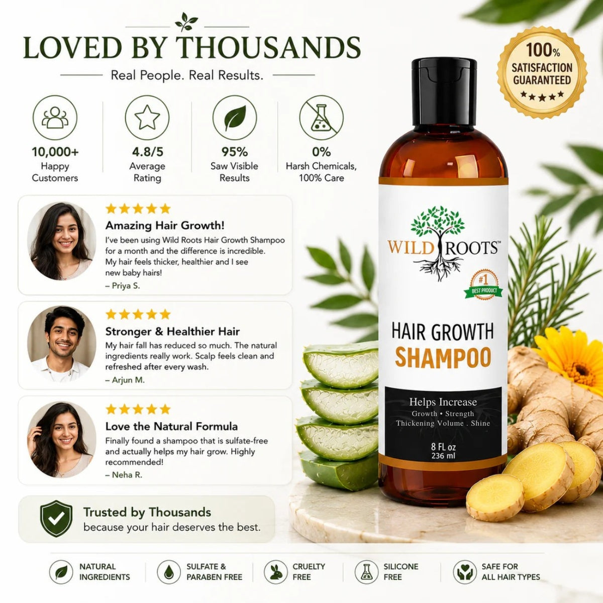 Wild Roots Hair Growth Shampoo – Strengthening &amp; Thickening Formula for Fuller, Healthier Hair (8oz)