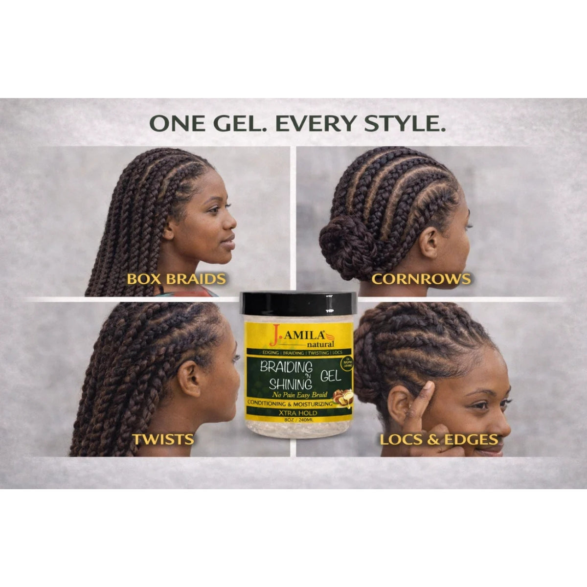 Jamila Natural Award-Winning Braiding ’N Shining Gel – Xtra Hold (8oz / 240ml)