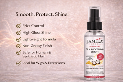 J. Amila Natural Silk Smoothing Serum with cocnut Oil – Heat Protectant, Frizz Control &amp; High Gloss Shine for Natural Hair, Wigs &amp; Extensions (2 oz / 59.2 ml)