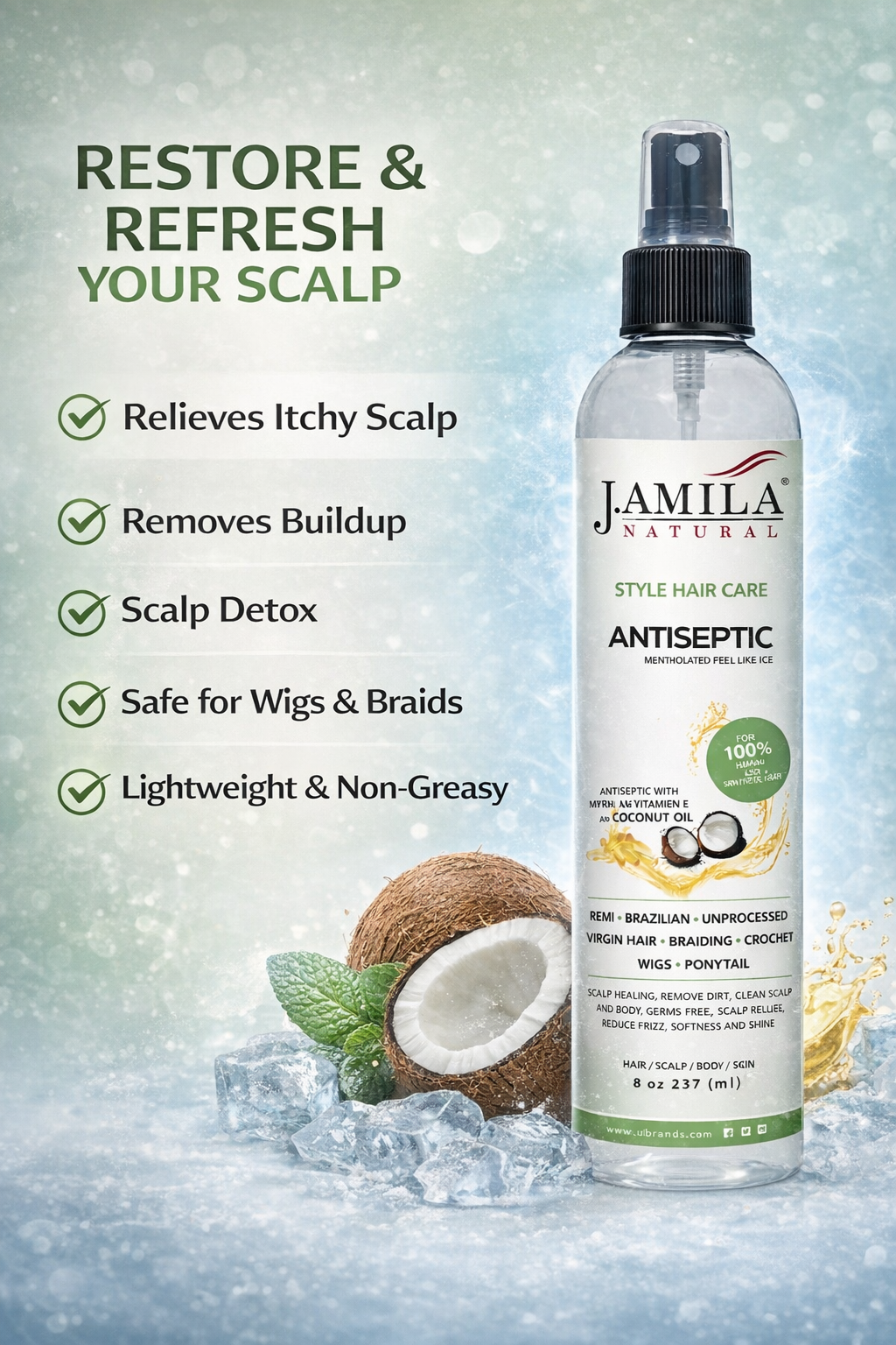 J. Amila Natural Antiseptic Spray with Coconut Oil – Mentholated Scalp Relief, Itch Control &amp; Scalp Detox for Wigs, Braids &amp; Natural Hair (8 oz / 237 ml)