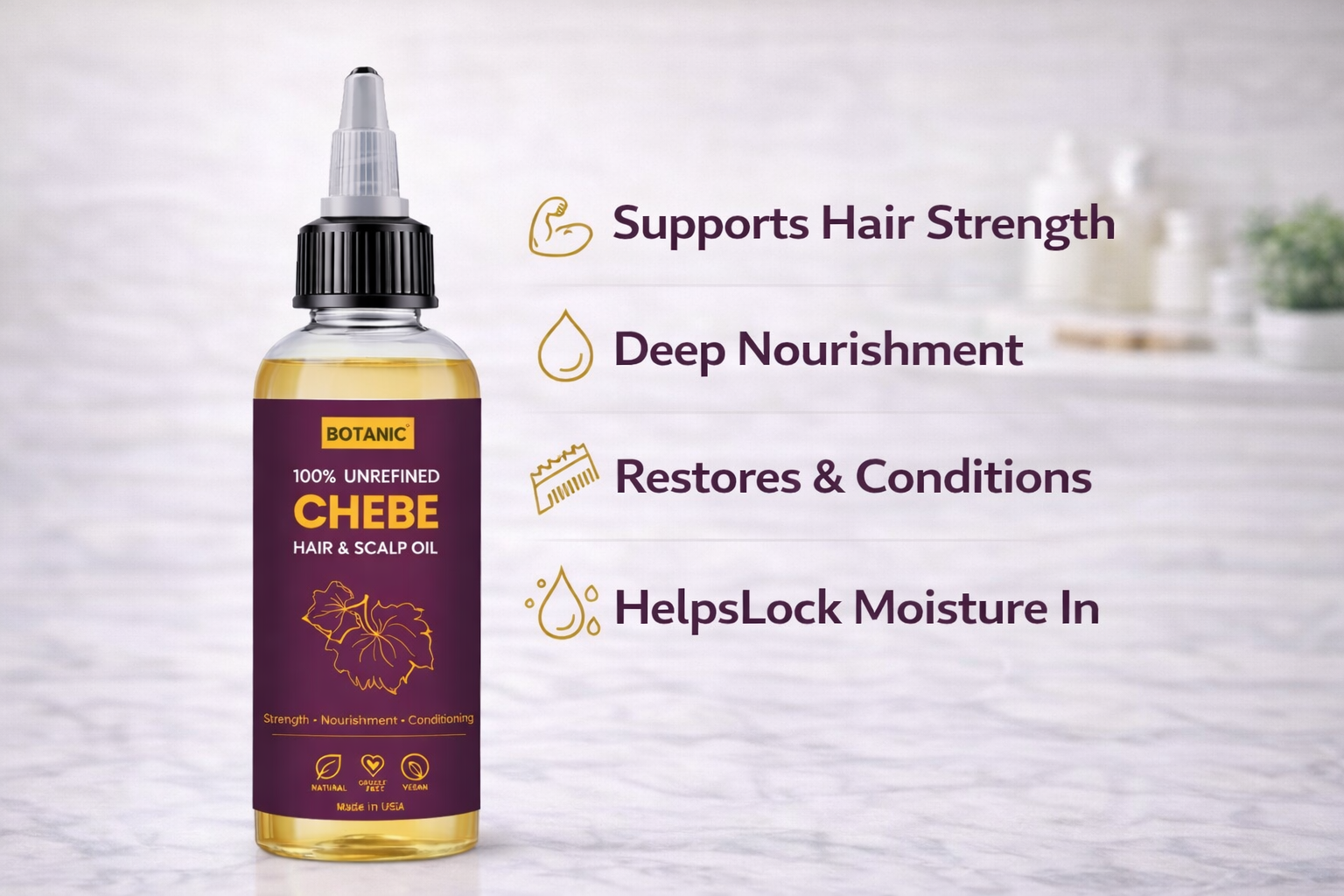 100% Unrefined Chebe Hair &amp; Scalp Oil – Strength, Nourishment &amp; Moisture Retention | Vegan, Cruelty-Free 4 fl oz (118 mL)
