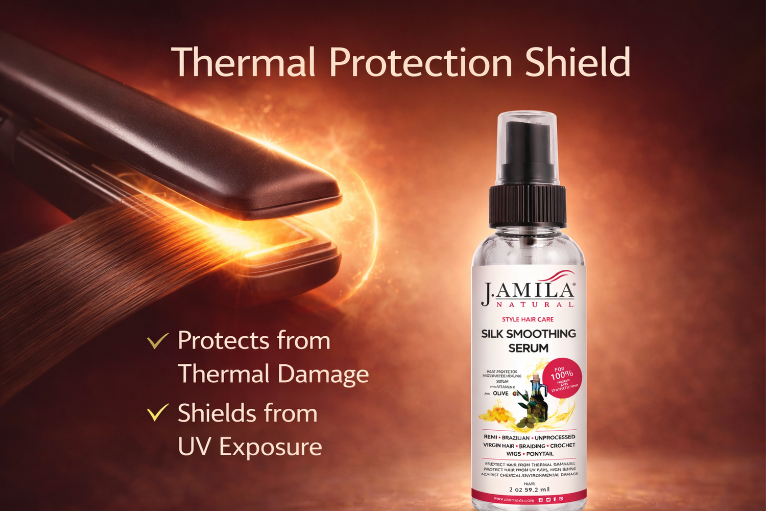 J. Amila Natural Silk Smoothing Serum with Olive Oil – Heat Protectant, Frizz Control &amp; High Gloss Shine for Natural Hair, Wigs &amp; Extensions (2 oz / 59.2 ml)