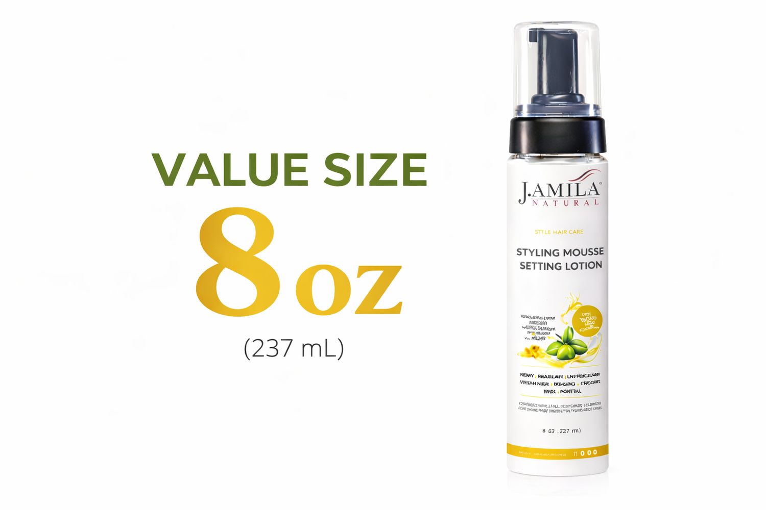 J. Amila Natural Styling Mousse Setting Lotion with Olive Oil – Flexible Hold, Frizz Control &amp; Shine – For Wigs, Weaves &amp; Natural Hair (8 oz / 237 ml)