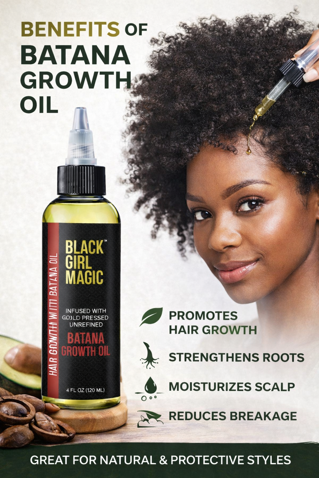 Black Girl Magic infused with gold press Unrefined Batana growth hair oil 4 Oz