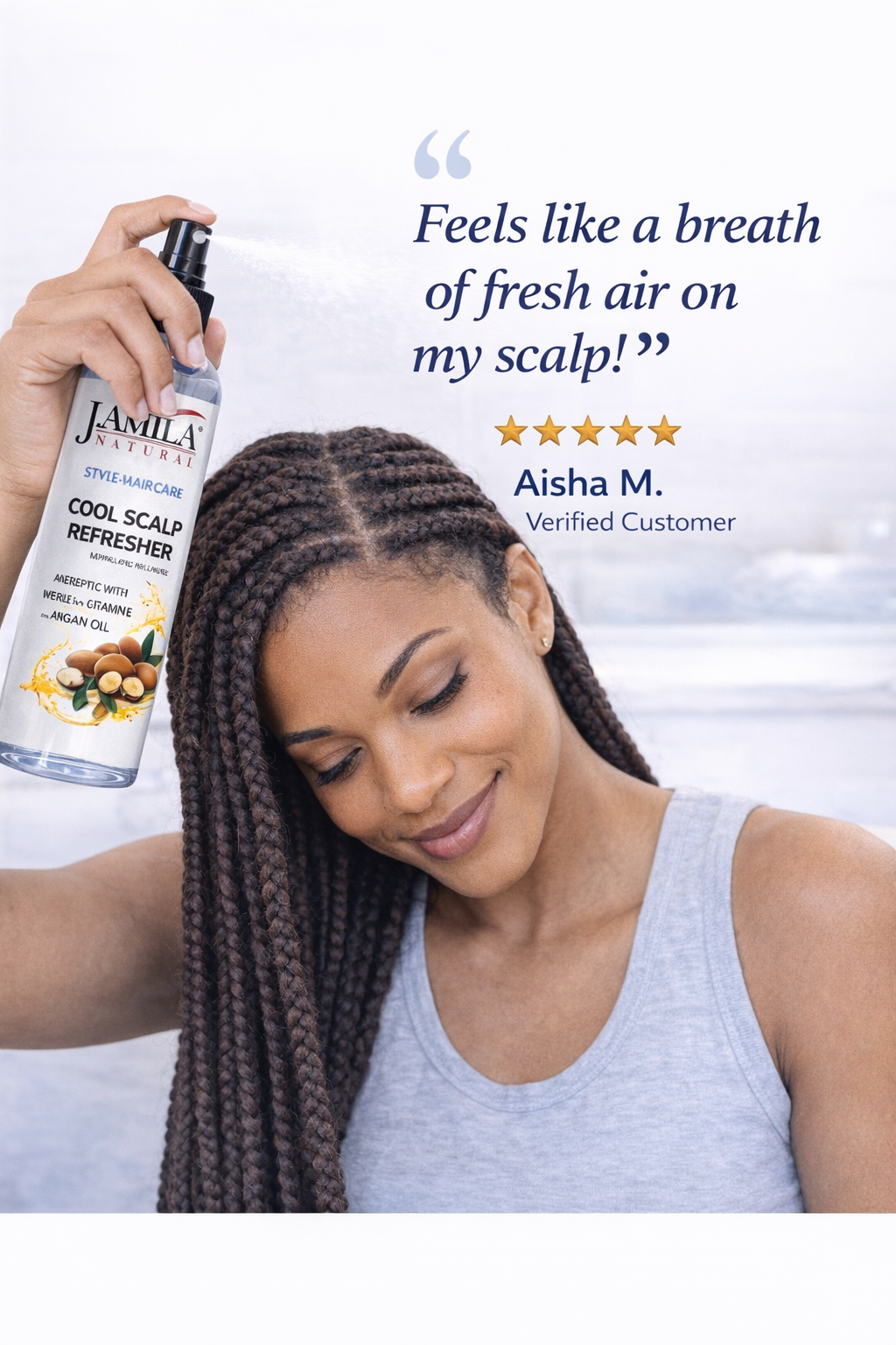 J. AMILA Natural Cool Scalp Refresher with Menthol, Myrrh, Vitamin E &amp; Argan Oil – Cooling Scalp Spray for Braids, Wigs, Natural &amp; Synthetic Hair (8 oz)