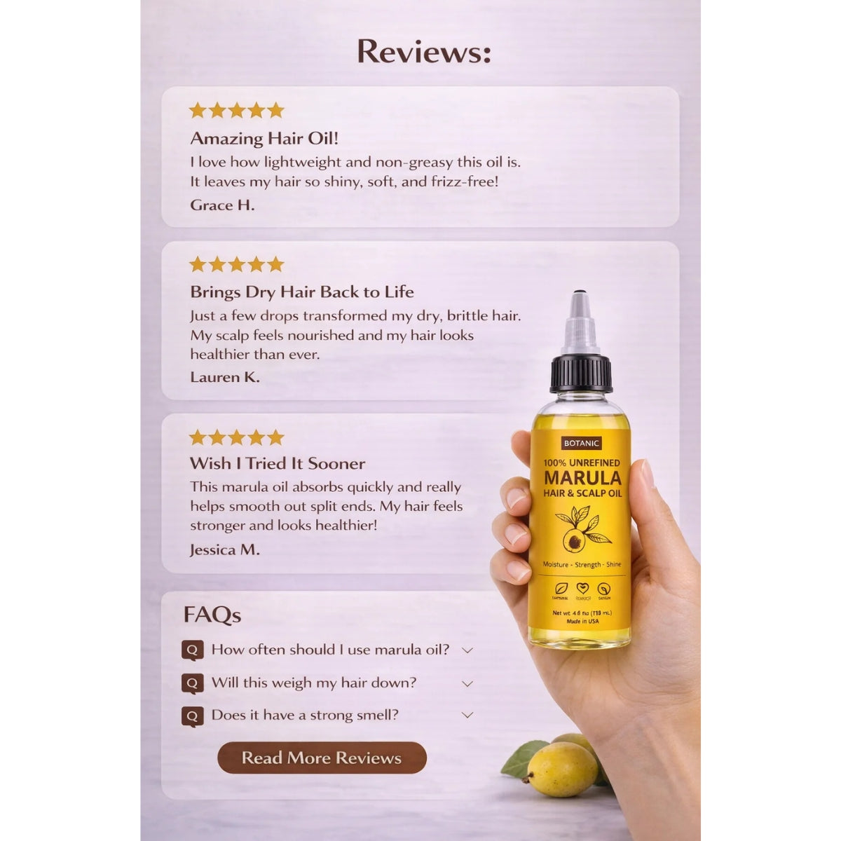 100% Unrefined Marula Hair &amp; Scalp Oil – Moisture, Strength &amp; Shine | Vegan, Cruelty-Free 4 fl oz (118 mL)