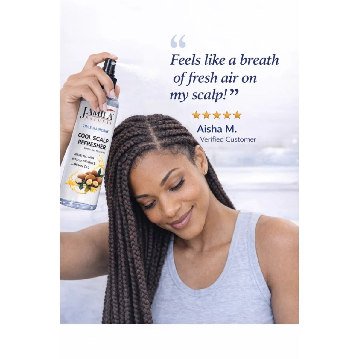 J. AMILA Natural Cool Scalp Refresher with Menthol, Myrrh, Vitamin E &amp; Argan Oil – Cooling Scalp Spray for Braids, Wigs, Natural &amp; Synthetic Hair (8 oz)