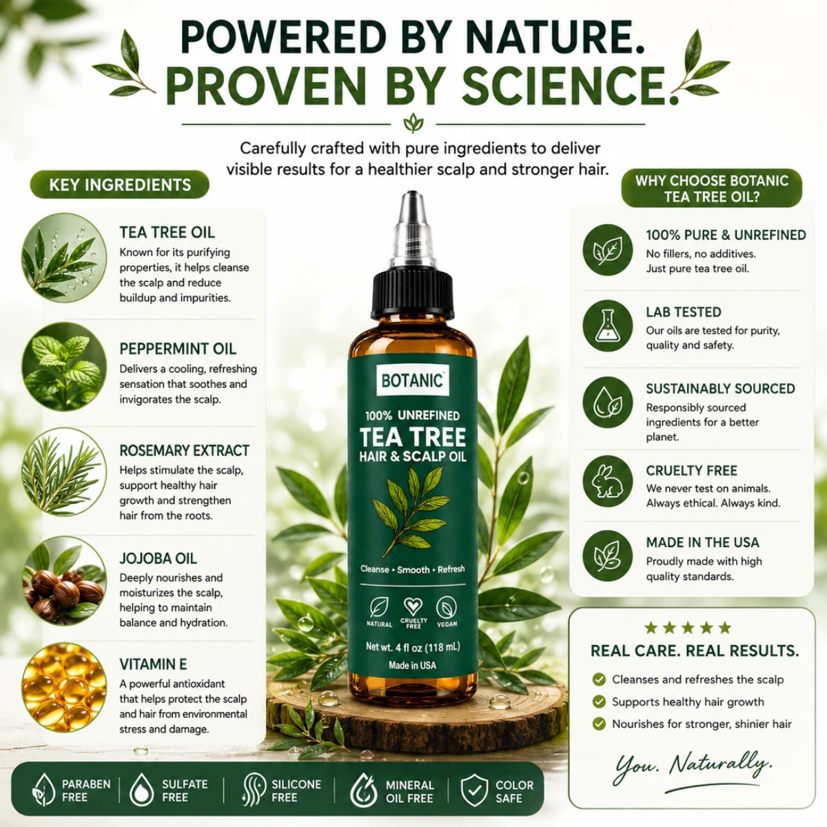 BOTANIC 100% Unrefined Tea Tree Hair &amp; Scalp Oil – Scalp Cleansing &amp; Refreshing Hair Treatment – 4 fl oz (118 mL)