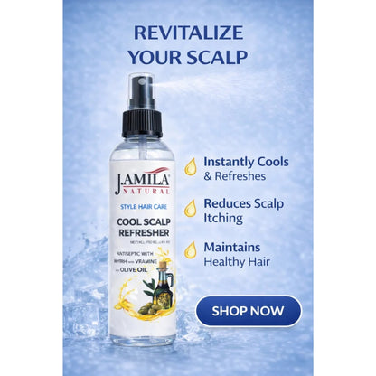 J. AMILA Natural Cool Scalp Refresher with Menthol, Myrrh, Vitamin E &amp; Olive Oil – Cooling Scalp Spray for Braids, Wigs, Natural &amp; Synthetic Hair (8 oz)