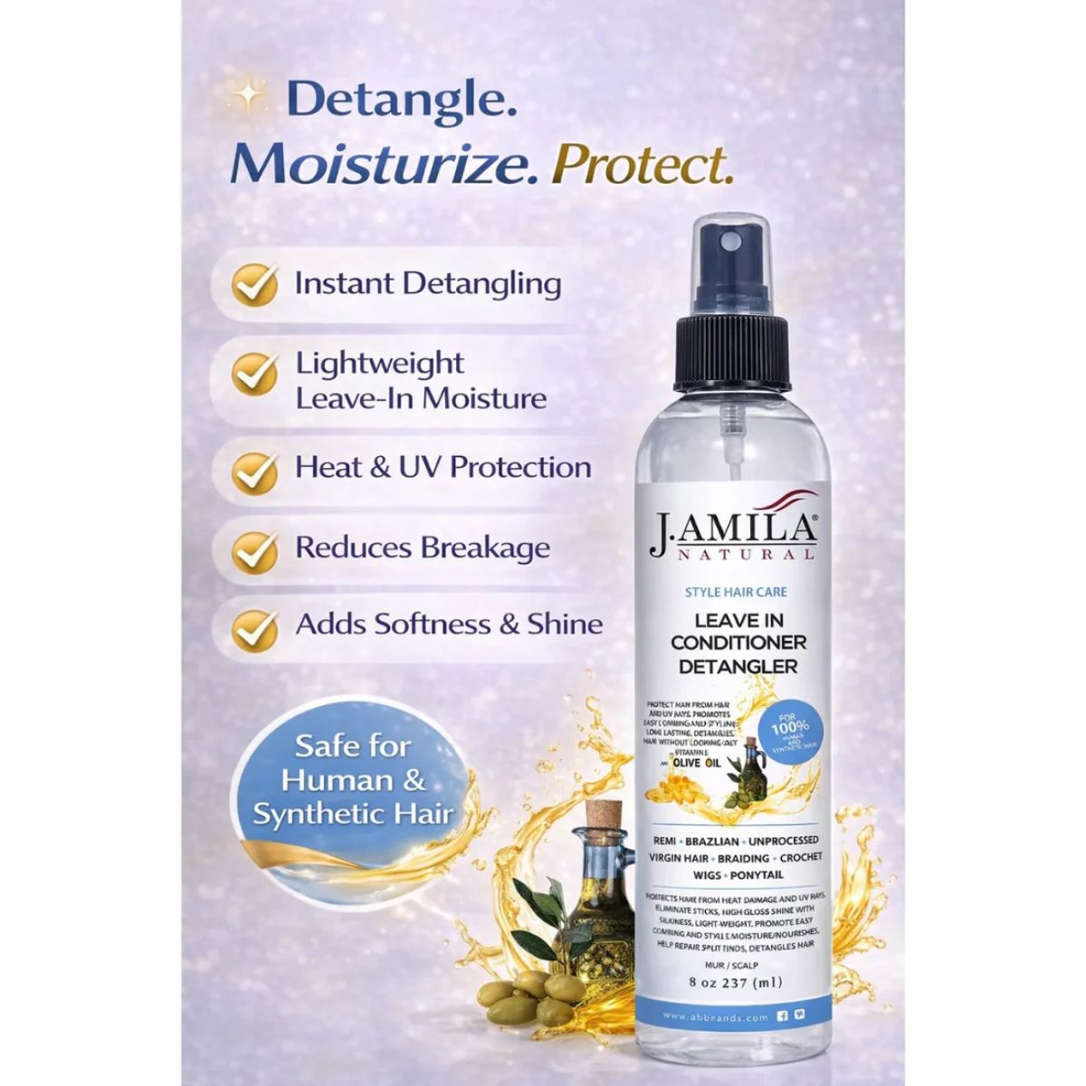 J. AMILA Natural Leave-In Conditioner &amp; Detangler Spray with Vitamin E &amp; Olive Oil – Heat &amp; UV Protection for Wigs, Braids, Natural &amp; Synthetic Hair (8 oz)