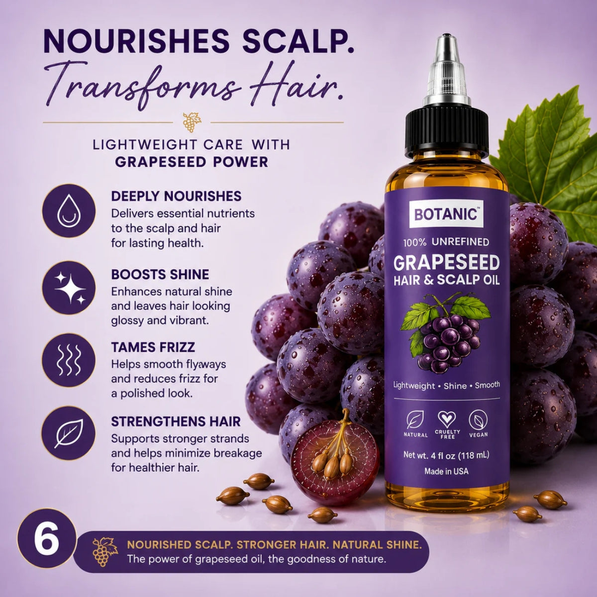 BOTANIC 100% Unrefined Grapeseed Hair &amp; Scalp Oil – Lightweight Shine &amp; Smooth Hair Oil – 4 fl oz (118 mL)