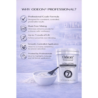 Odeon® Professional Ultra-Lifting Powder Lightener – Dust-Free Bleach, Up to 7 Levels of Lift (16 Oz)