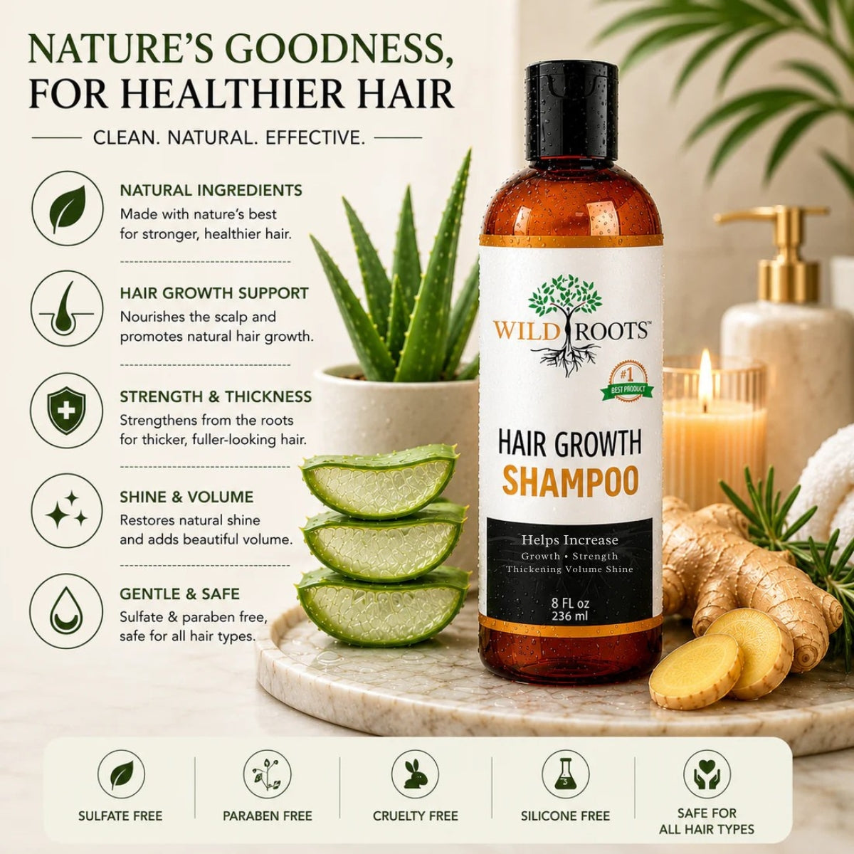 Wild Roots Hair Growth Shampoo – Strengthening &amp; Thickening Formula for Fuller, Healthier Hair (8oz)