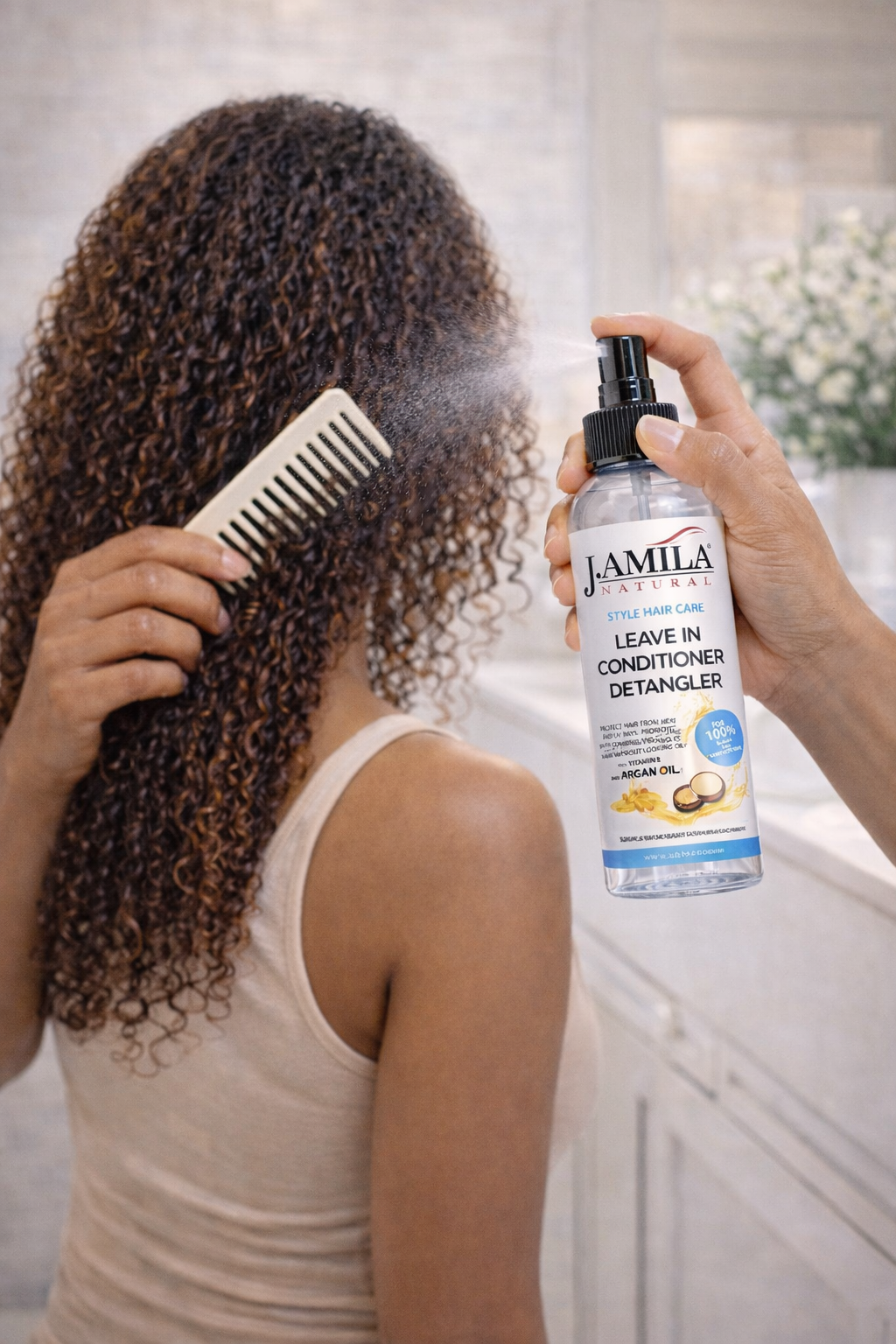 J. AMILA Natural Leave-In Conditioner &amp; Detangler with Vitamin E &amp; Argan Oil – Heat &amp; UV Protection for Natural, Wigs, Braids &amp; Synthetic Hair (8 oz)