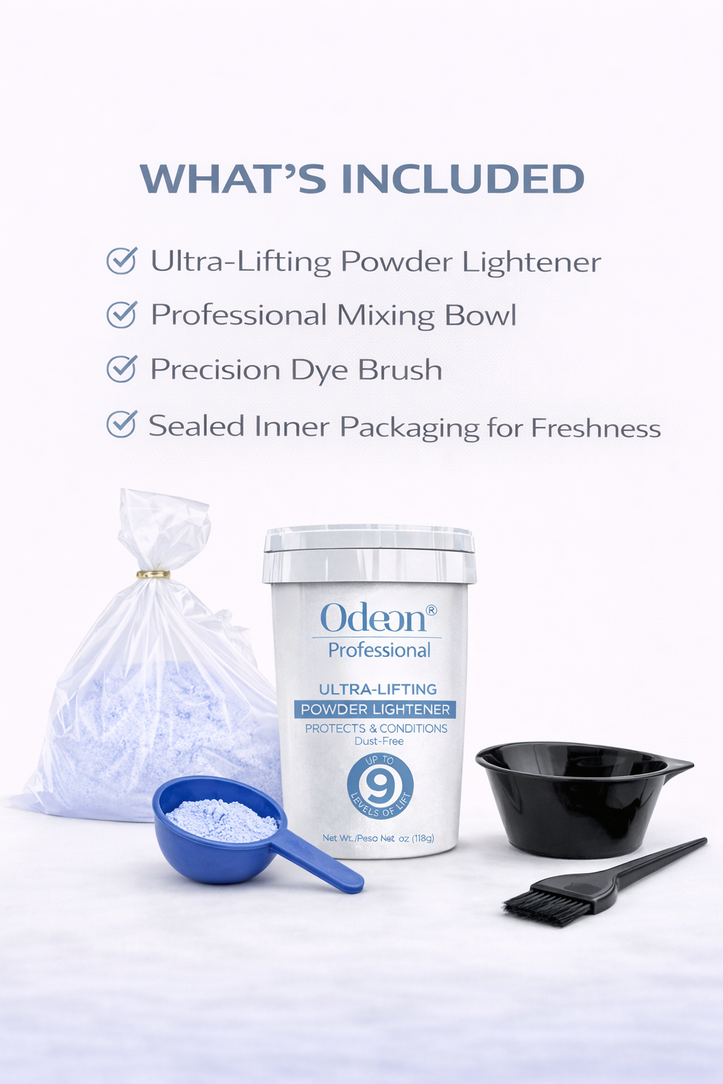 Odeon® Professional Ultra-Lifting Powder Lightener – Up to 9 Levels | Dust-Free | Includes Mixing Bowl &amp; Brush 4oz (118g)