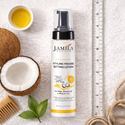 J. Amila Natural Styling Mousse Setting Lotion with Coconut Oil – Flexible Hold, Frizz Control &amp; Shine – For Wigs, Weaves &amp; Natural Hair (8oz)