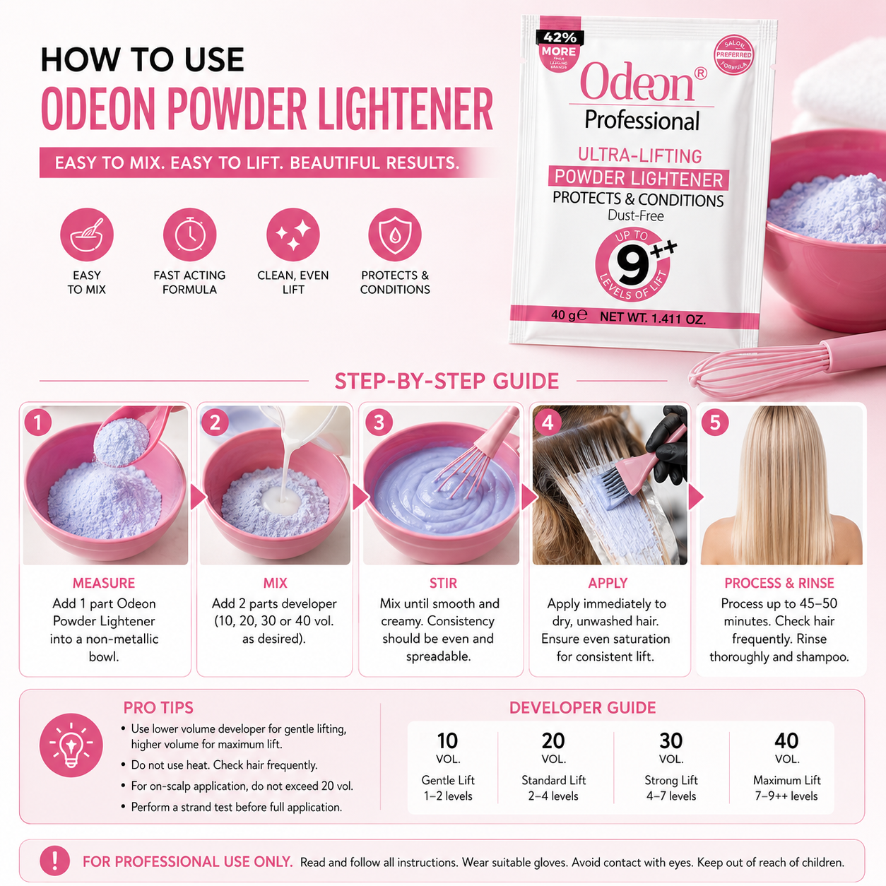 Odeon Professional Ultra-Lifting Powder Lightener – Dust-Free Bleach Powder | Up to 9+ Levels of Lift 1.4oz pack