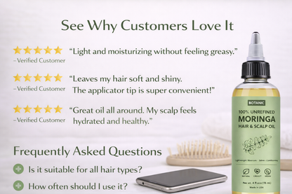 100% Unrefined Moringa Hair &amp; Scalp Oil Lightweight Moisture, Shine &amp; Conditioning | Vegan, Cruelty-Free 4 fl oz (118 mL)
