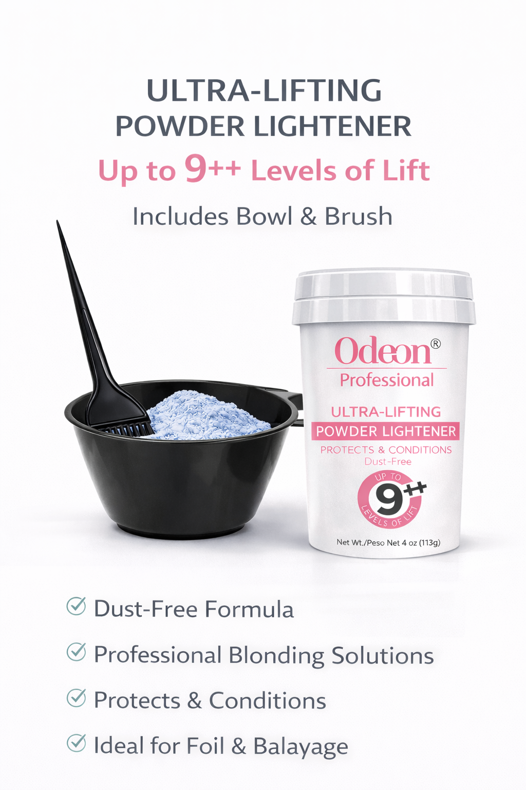 Odeon® Professional Ultra-Lifting Powder Lightener – Up to 9++ Levels 4oz Includes Mixing Bowl &amp; Dye Brush