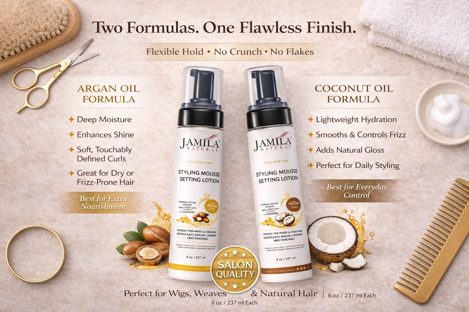 Amila Natural Styling Mousse Setting Lotion with Argan Oil – Flexible Hold, Frizz Control &amp; Shine – For Wigs, Weaves &amp; Natural Hair (8oz)