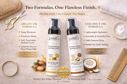Amila Natural Styling Mousse Setting Lotion with Argan Oil – Flexible Hold, Frizz Control &amp; Shine – For Wigs, Weaves &amp; Natural Hair (8oz)