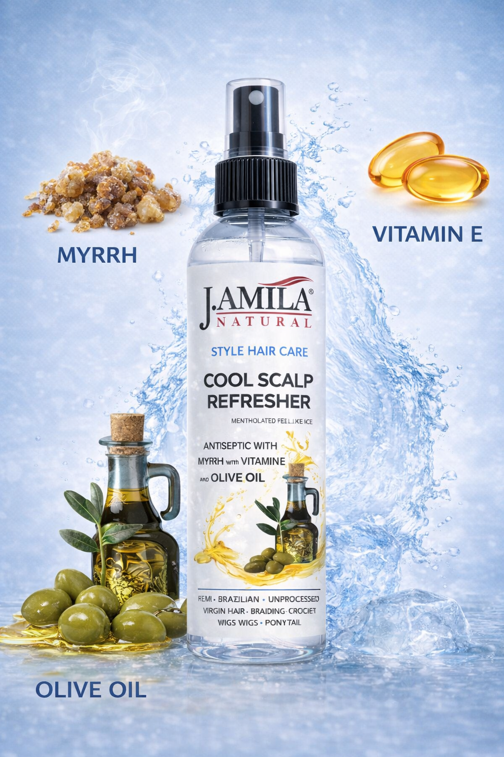 J. AMILA Natural Cool Scalp Refresher with Menthol, Myrrh, Vitamin E &amp; Olive Oil – Cooling Scalp Spray for Braids, Wigs, Natural &amp; Synthetic Hair (8 oz)