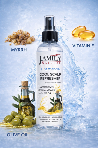 J. AMILA Natural Cool Scalp Refresher with Menthol, Myrrh, Vitamin E &amp; Olive Oil – Cooling Scalp Spray for Braids, Wigs, Natural &amp; Synthetic Hair (8 oz)