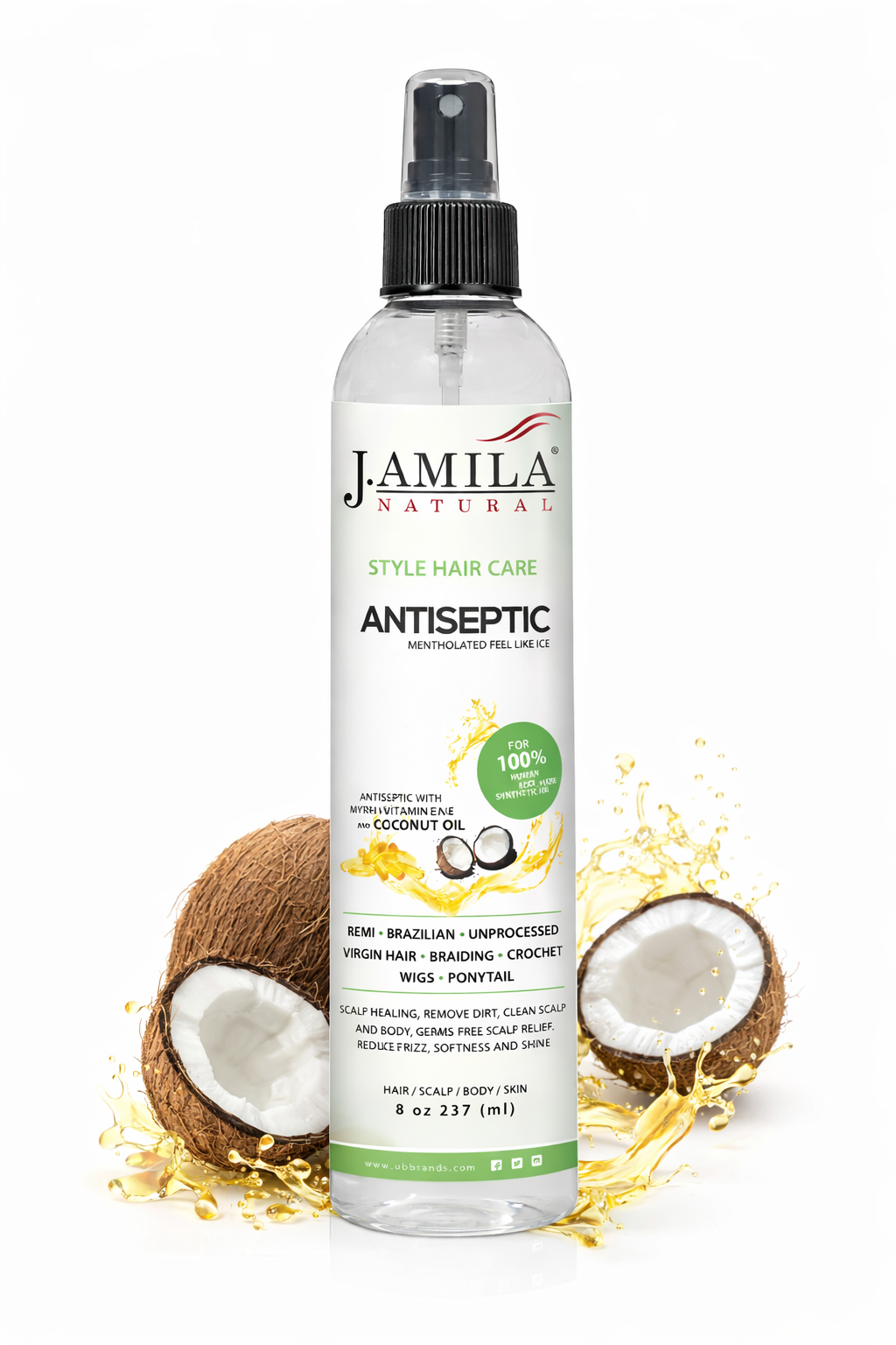 J. Amila Natural Antiseptic Spray with Coconut Oil – Mentholated Scalp Relief, Itch Control &amp; Scalp Detox for Wigs, Braids &amp; Natural Hair (8 oz / 237 ml)