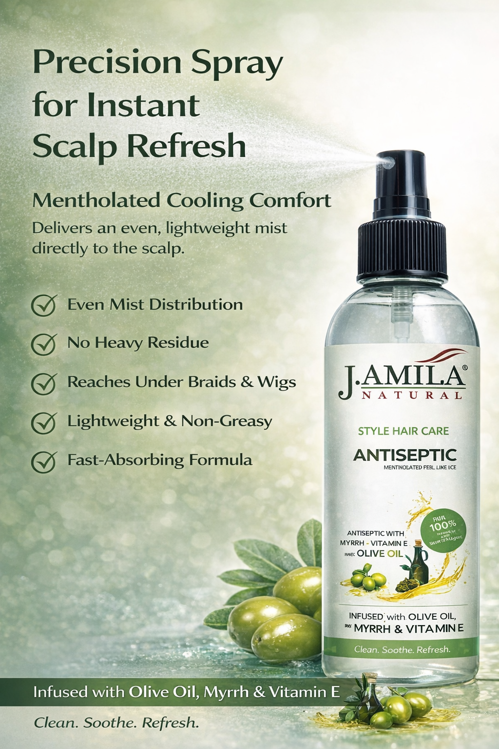J. Amila Natural Antiseptic Spray with Olive Oil – Mentholated Scalp Relief, Itch Control &amp; Scalp Detox for Wigs, Braids &amp; Natural Hair (8 oz / 237 ml)