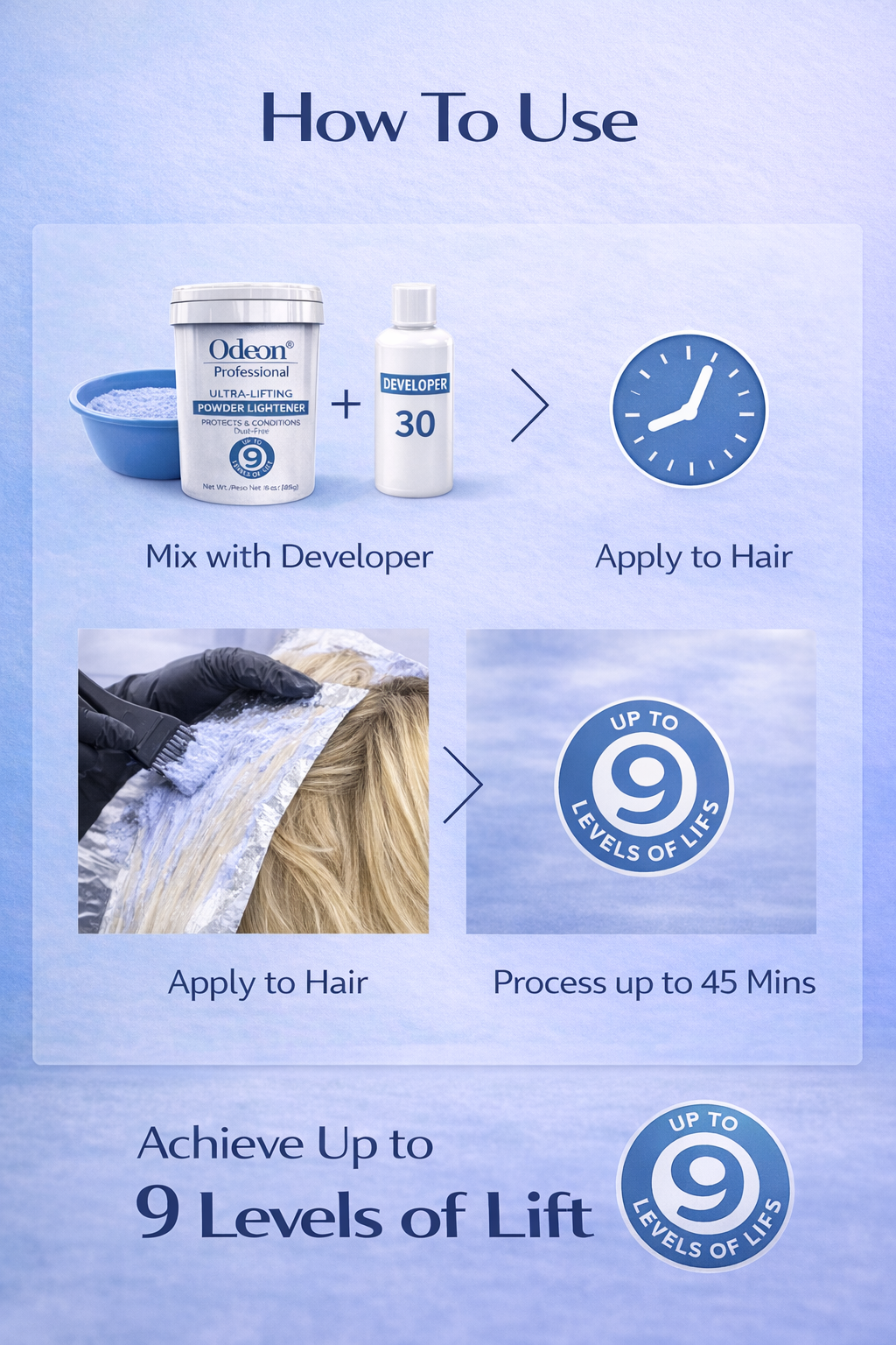 Odeon® Professional Ultra-Lifting Powder Lightener – Up to 9 Levels | Dust-Free | Includes Mixing Bowl &amp; Brush 4oz (118g)