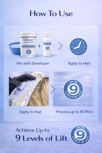 Odeon® Professional Ultra-Lifting Powder Lightener – Up to 9 Levels | Dust-Free | Includes Mixing Bowl &amp; Brush 4oz (118g)